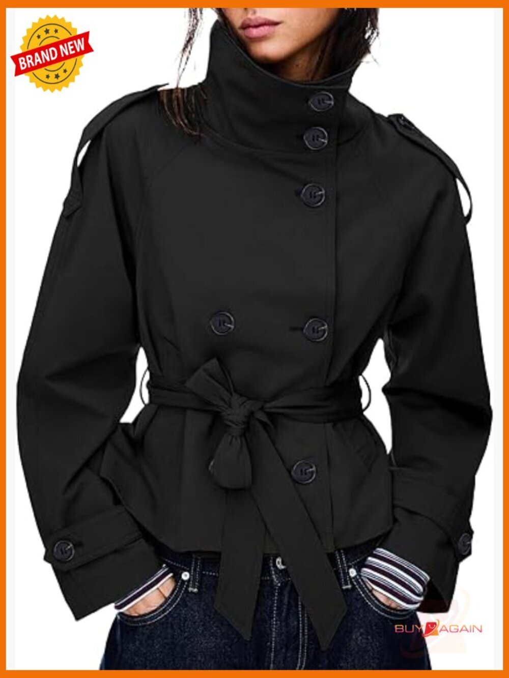 Cropped Trench Coat Double Breasted Short Jacket Fall Winter Trendy with Belt